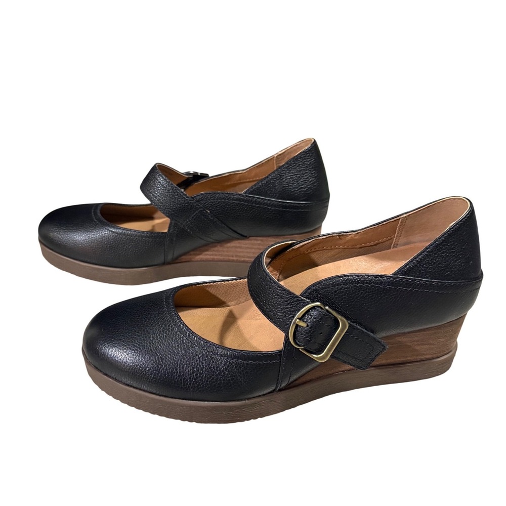 Dansko Black Sandy Leather‎ Mary Jane Wedge Shoes Buckle Strap EU 38 US 7.5-8 - Picture 3 of 6